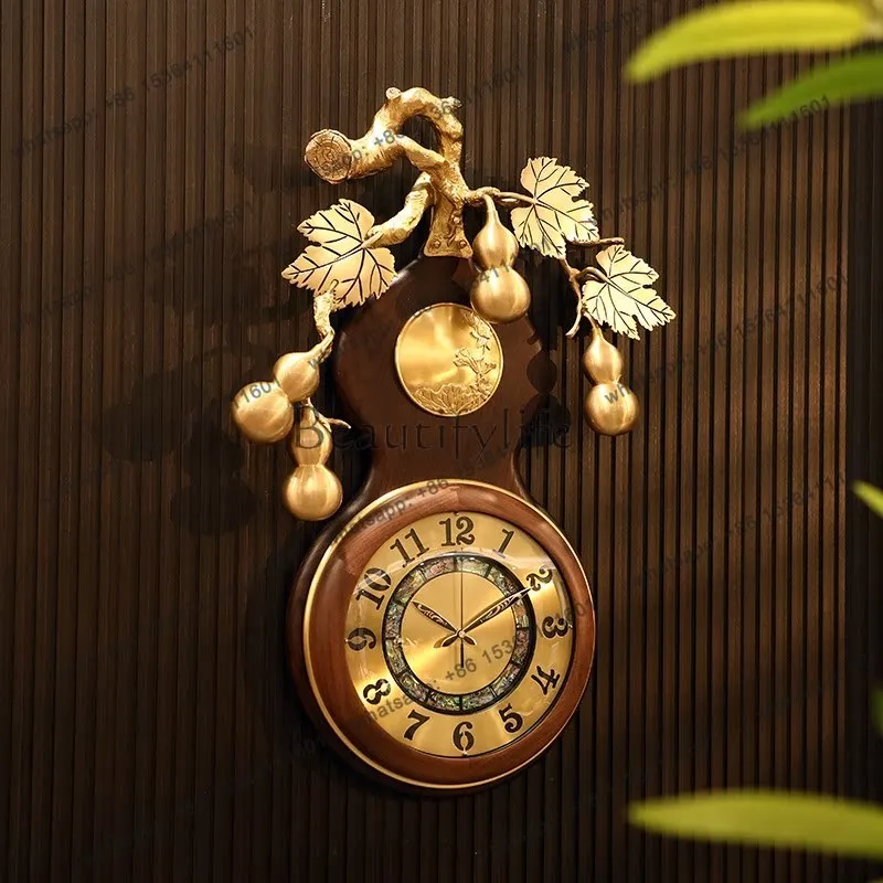 2026 New Chinese light luxury gourd brass wall clock Chinese style living room clock