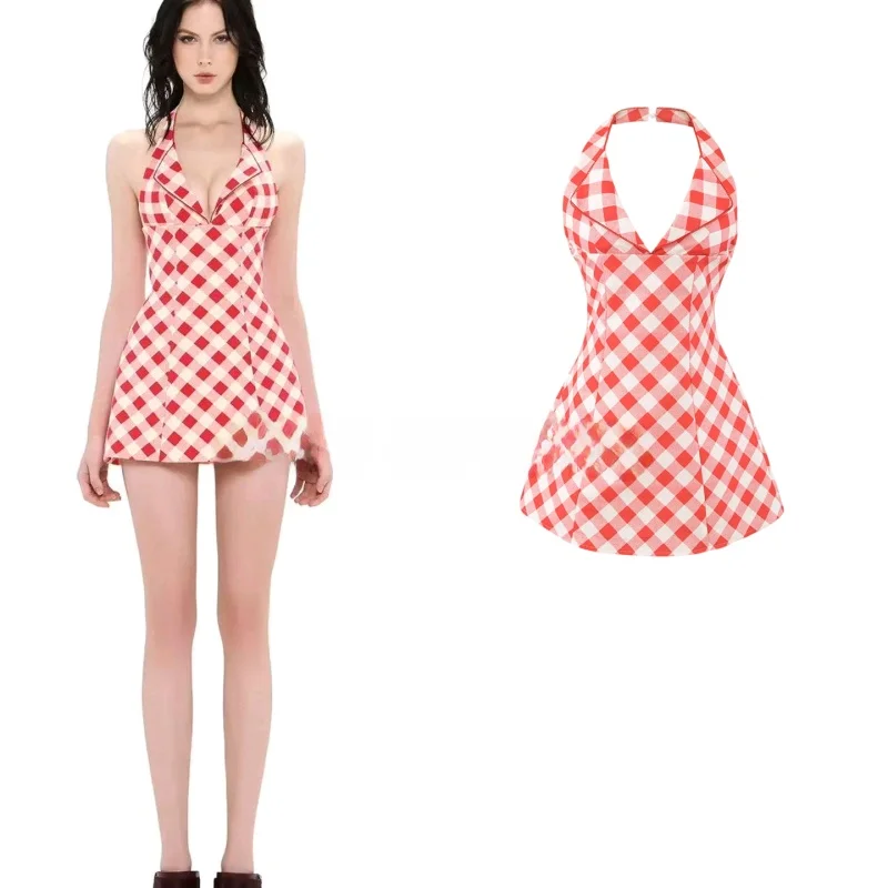 

Spring New Women's Casual Sle Ne Hanging Svel A-Line Bal Slimming Red Plaid ort Dr Sexy High Waist Knitte...