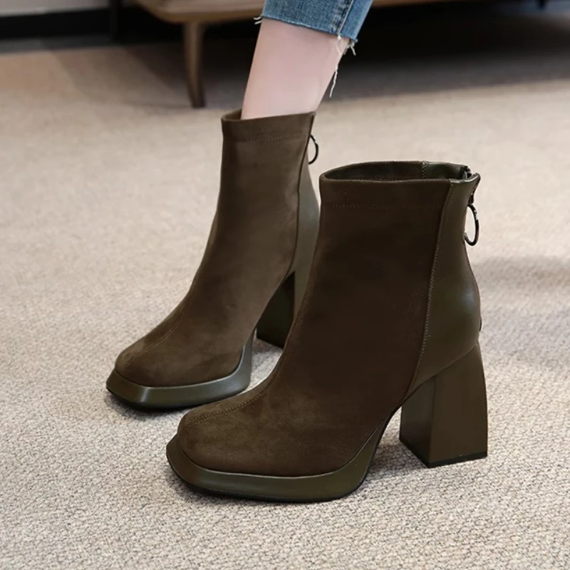 

High Heels Women Boots Suede Chunky Shoes 2025 Winter New Elegant Snow Boots Fashion Chelsea Party Brand Pumps Woman Botas Mujer