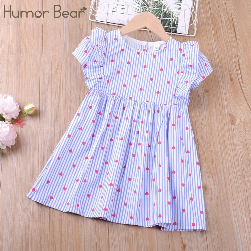 Humor Bear Girls Ruffle Dress Summer New  Short  Sleeve Heart Printed Striped Cute Princess Dress Toddler  Kids Clothes