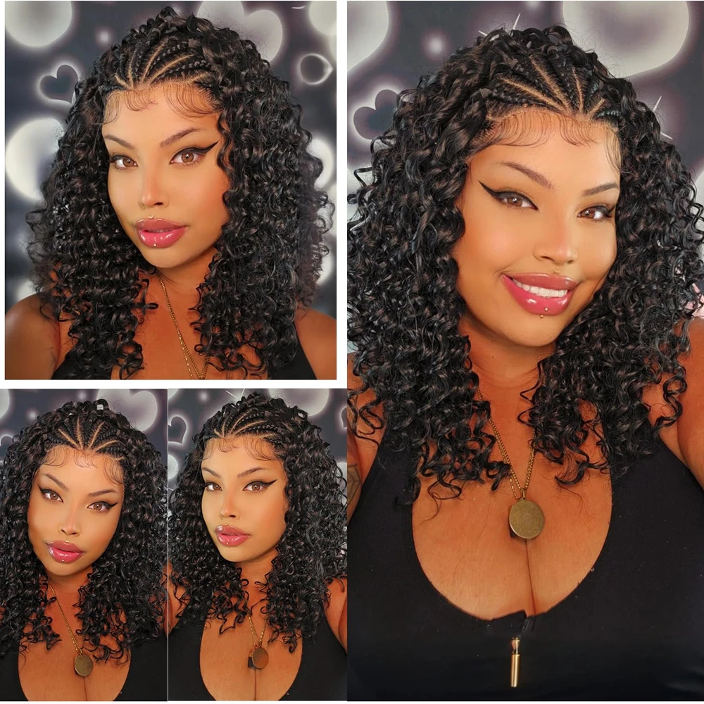Peruki typu Curly Bob 13x6 Lace Frontal z warkoczykami Cornrow, 14-calowe peruki syntetyczne z głębokimi falami i baby hair dla czarnoskórych kobiet.