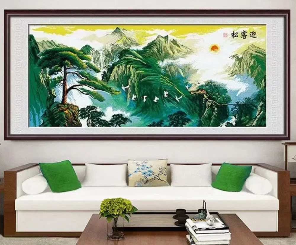 Embroidered pure manual cross stitch finished product Mount Huangshan Greeting Pine Landscape Living Room Decorative painting