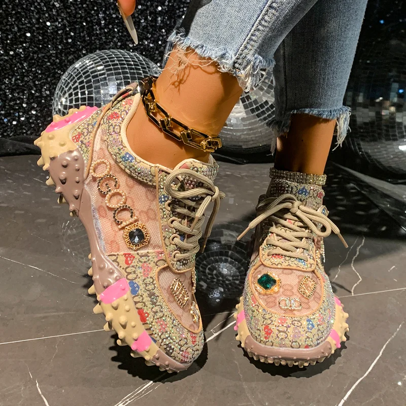 Women Luxury Casual Shoes Rhinestone Designer Sports Shoes Mesh Ventilation Platform Sneakers High Quality Outdoor Running Shoes