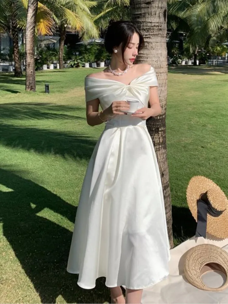 Vestido de boda blanco elegante para mujer, traje elegante con lazo, línea A, informal, para fiesta de graduación, Verano