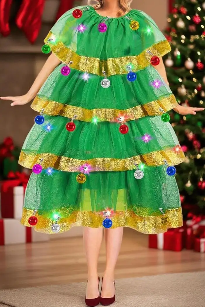 Novo traje feminino de árvore de natal, vestido de tule em camadas com babados, fantasias cosplay para festas s m l
