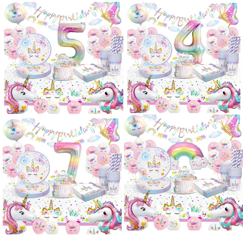 Unicorn Birthday Party Tableware Set Decorations Paper Plates Cups Napkins 16 Guests Baby Shower Supplies Favors 4 5 7 Years