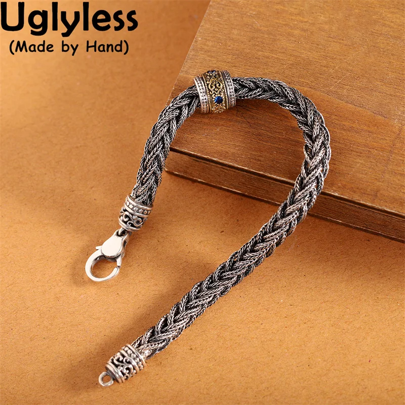 

Uglyless Thick Twisted Square Bracelets for Men Movable Zircons Beaded Bangles Real 925 Silver Twists Bracelets for Women Cool