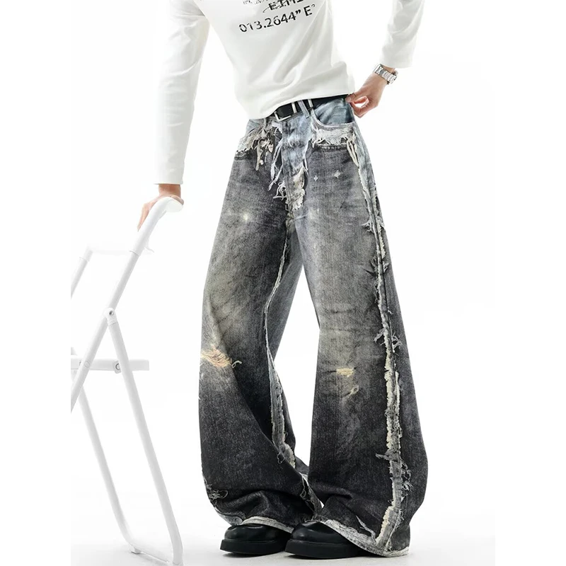 European And American Street Style Imitation Fringed Printed  Man's Denim Pants, High Waisted Loose Hanging Wide Leg Pants