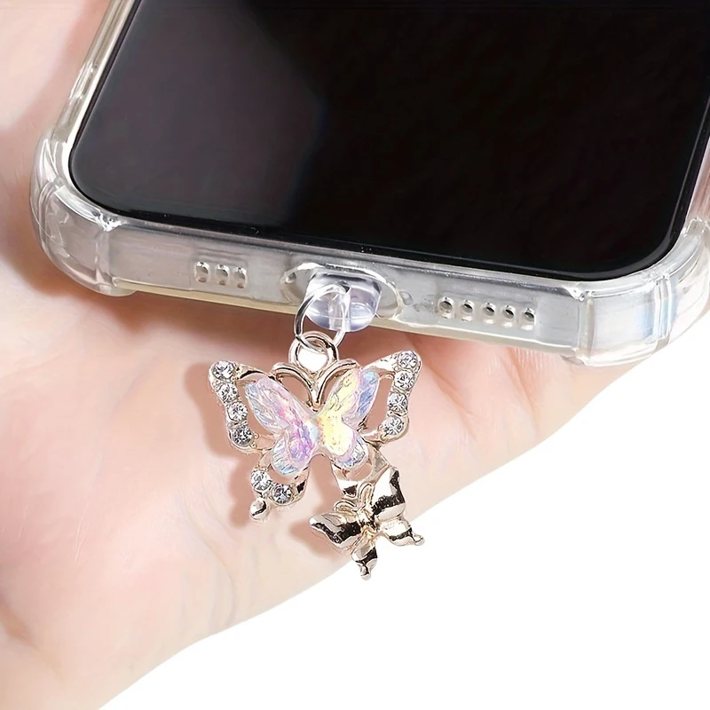 1PC New Butterfly With Artificial Diamonds Accessory Decoration For Phone Type-c Port Mobile Phone Dust Plug Pendant image 3