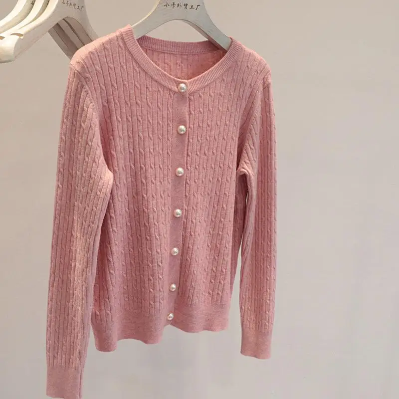 Solid Color Twist Crew Neck Pleated Cardigan Jacket Women's Spring New Loose Long-sleeved Top