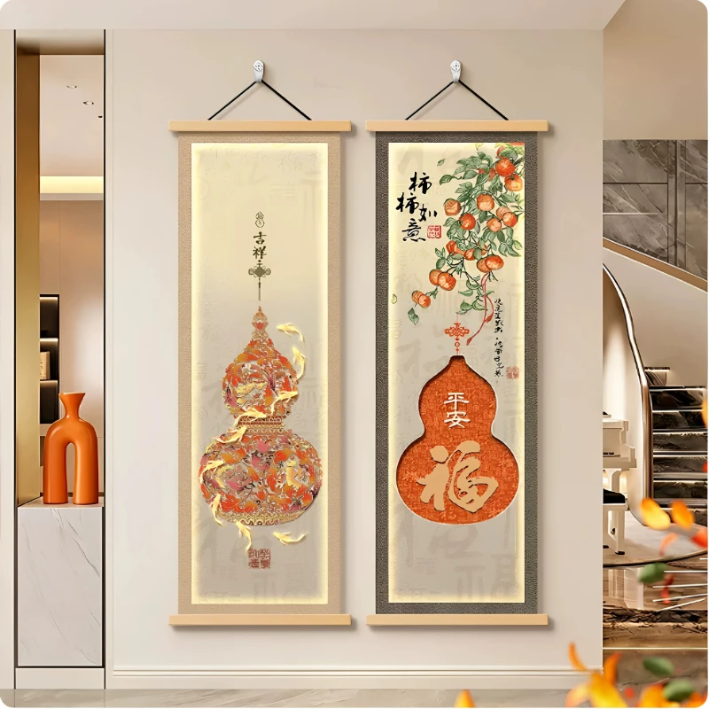 Wall Art Red Gourds and Gold Blessing Motifs Chinoiserie Pearlescent Canvas Hanging Scroll with Wooden Rods for Hallway