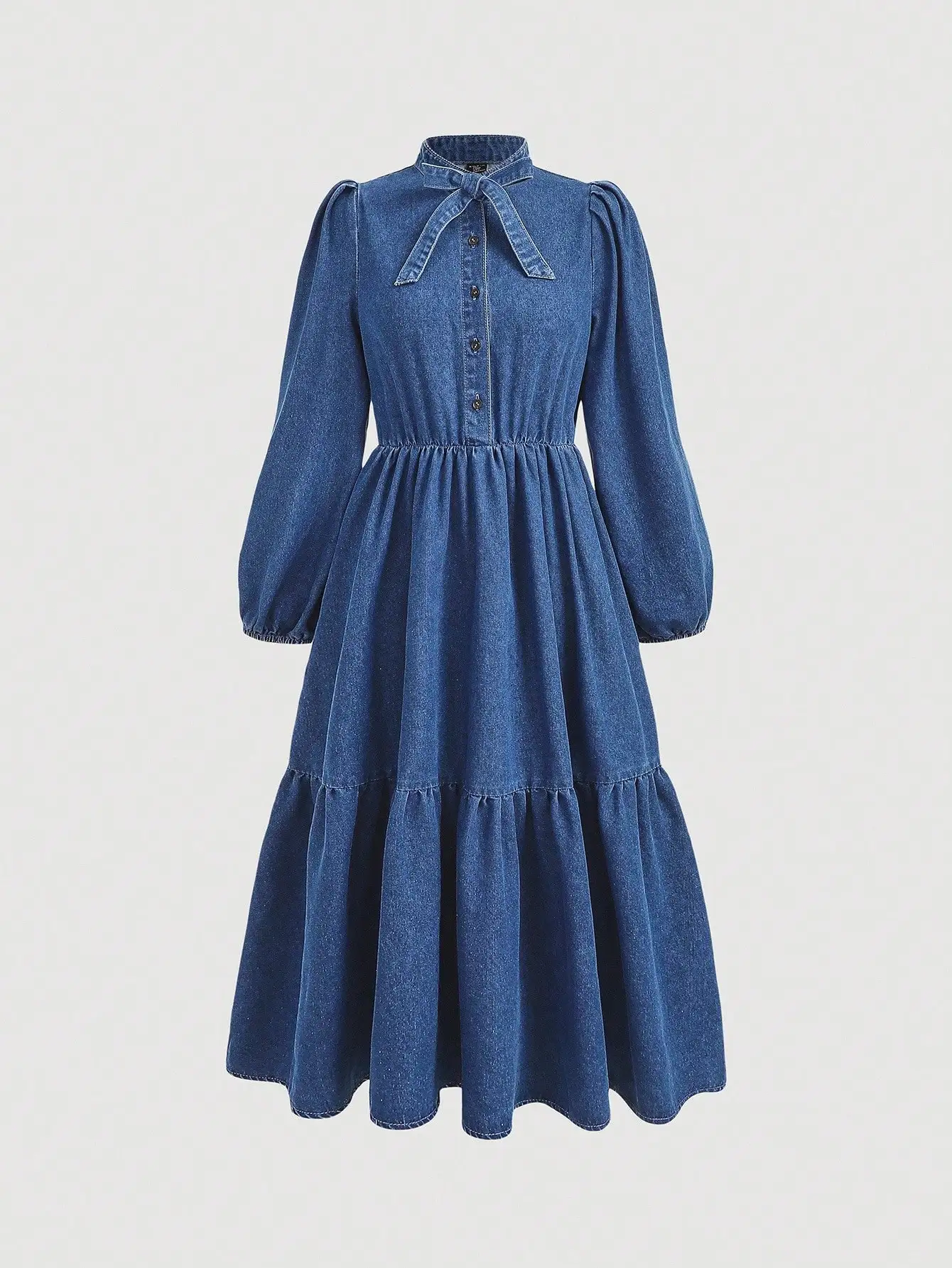 

Blue Denim Puff Sleeve Ruffle Collar Midi Dress Elegant Cinched Waist Long Sleeve Casual Fashion