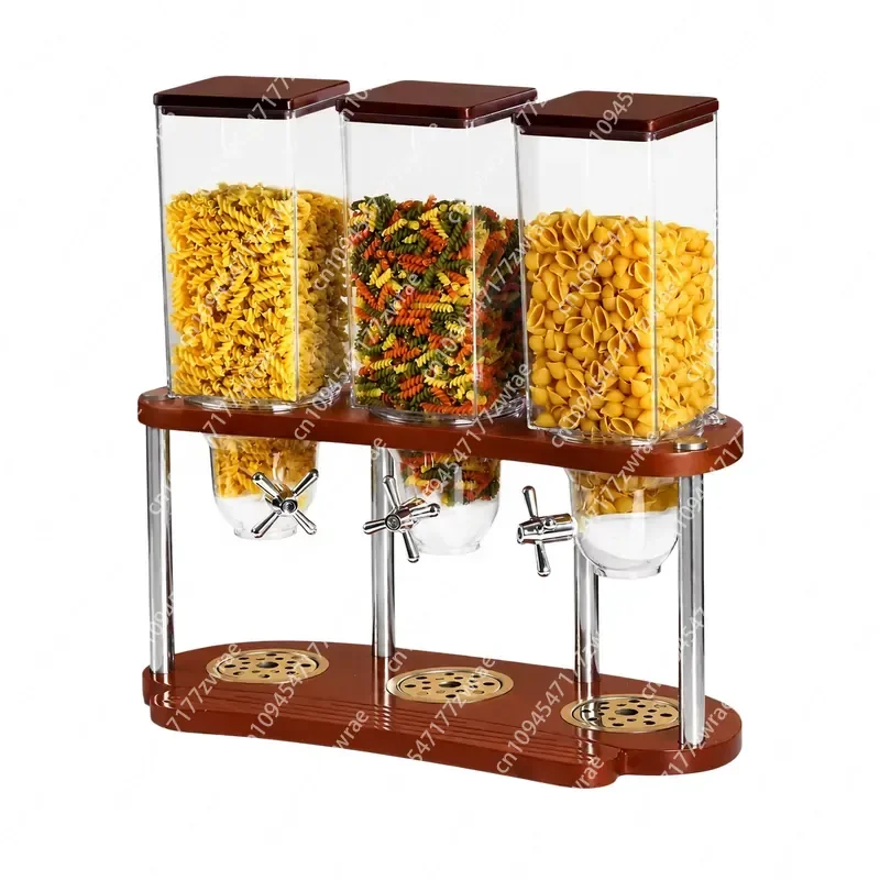 Multifunction Buffet Food Storage 3 Tank Dry Food Candy Nut Dispenser Stainless Steel Grain Cereal Dispenser with Wooden Base