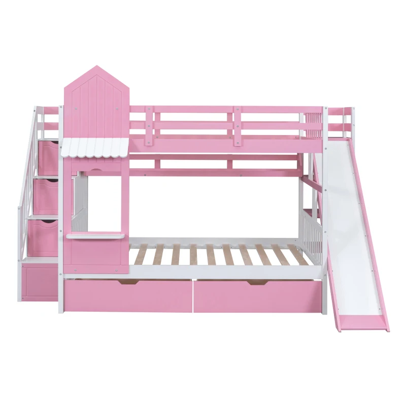 Beliche estilo castelo com corrediça, rosa, Full-Over, 2 gavetas, 3 prateleiras