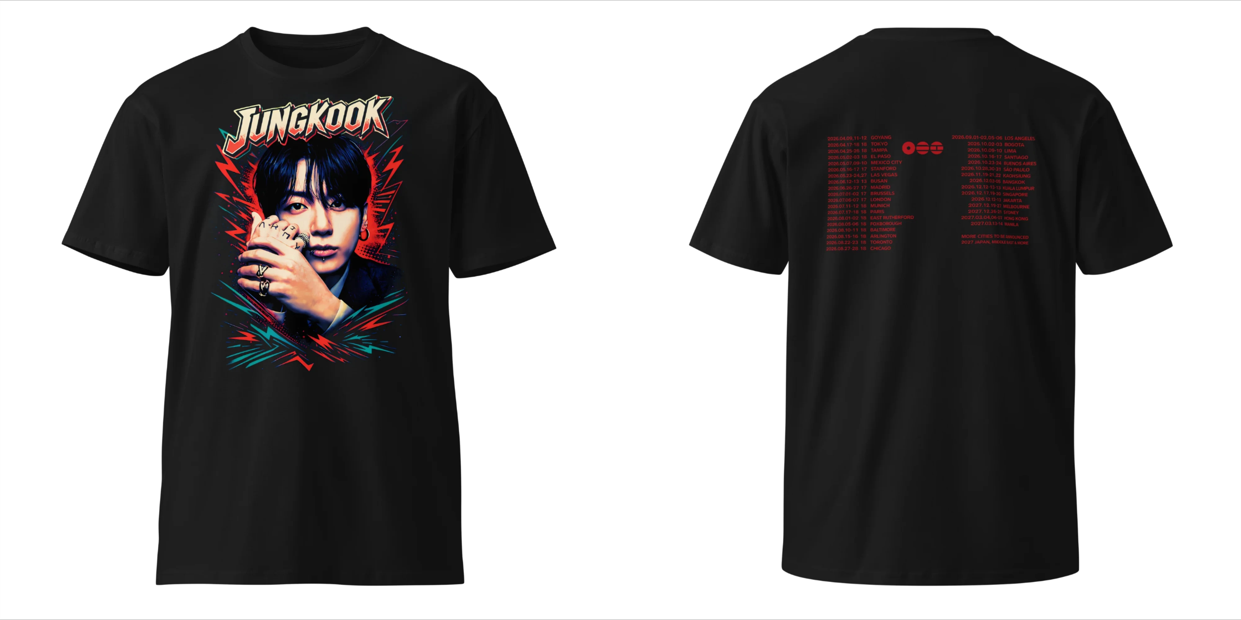 BTS Jungkook Taehyung 2026 World Tour, beidseitig bedrucktes T-Shirt mit Porträt und einer Liste der Tour-Städte, für Kpop-Fans, Herren, Damen und Kinder. – Detail 9