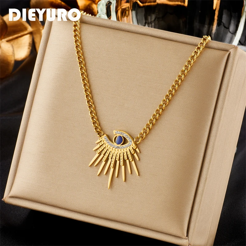 DIEYURO 316L Stainless Steel Blue Eyes Pendant Necklace For Women New Vintage Girls Clavicle Chain Jewelry Birthday Gifts Bijoux