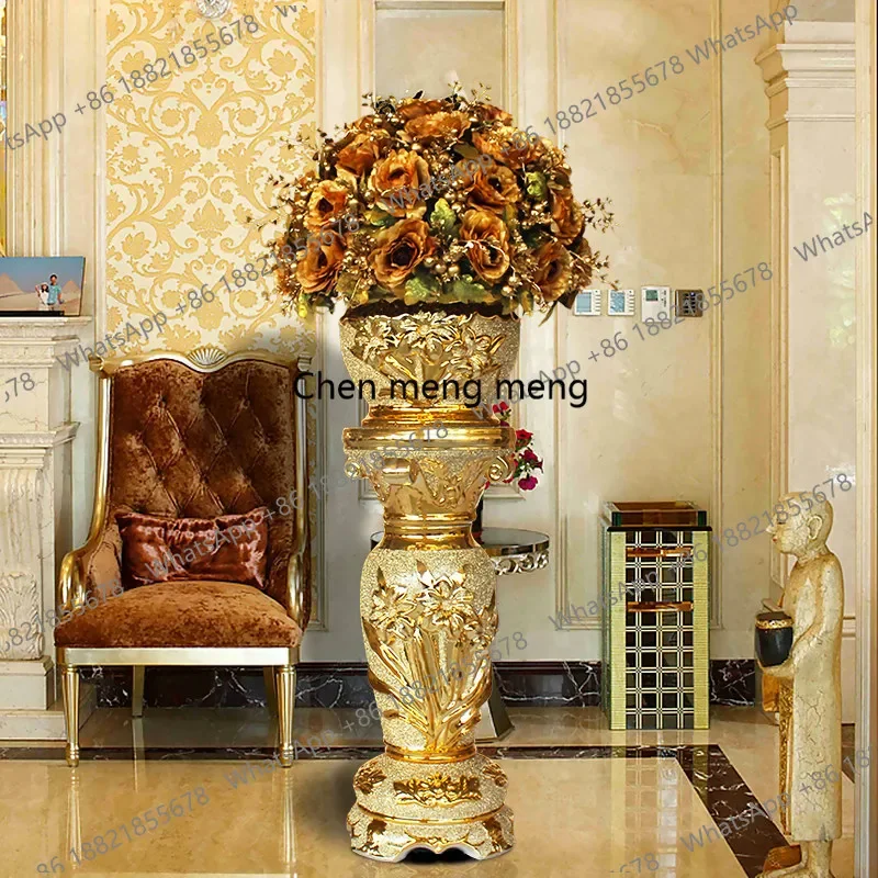 Roman column high-end floor-to-ceiling large vase simulated flower arrangement set ornament, European style in the living roomDD