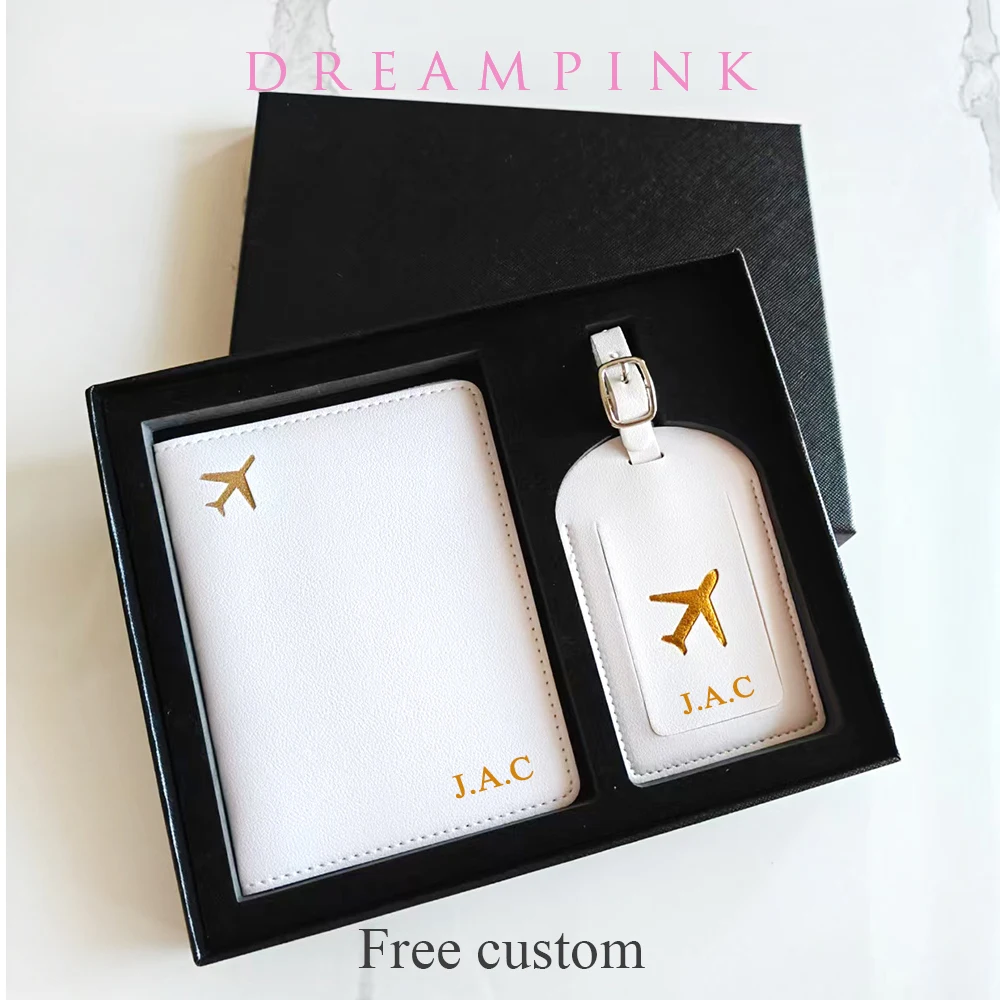 Custom Name Travel Passport Cover Luggage Tags Gift Box Set Gold Airplane Personalize Initials Passport Cover Travel Accessories