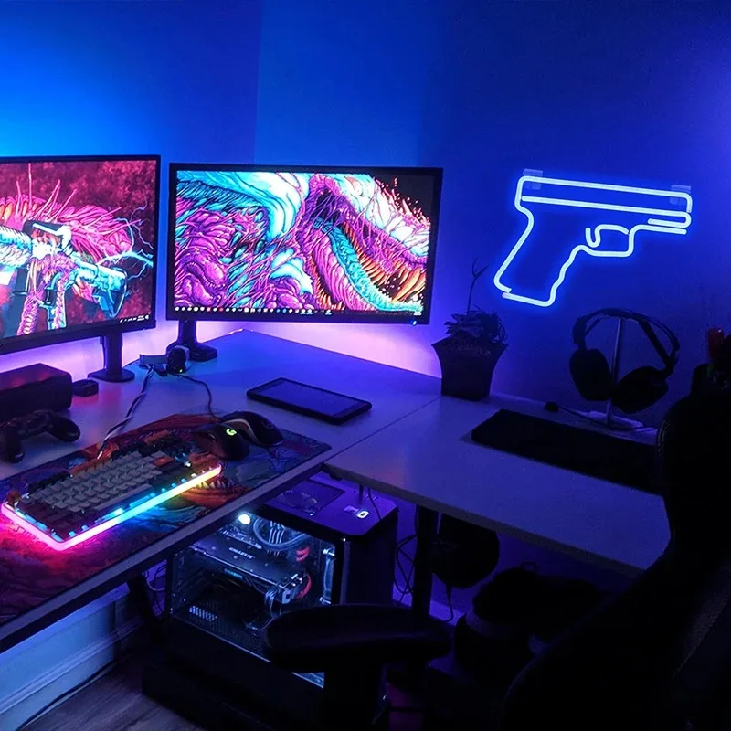 Pistol Neon Sign Blue LED Lights Game Room Decoration for Home Bedroom Party Bar USB Powered Lamp Nice Gun Gifts for Gamer Boy