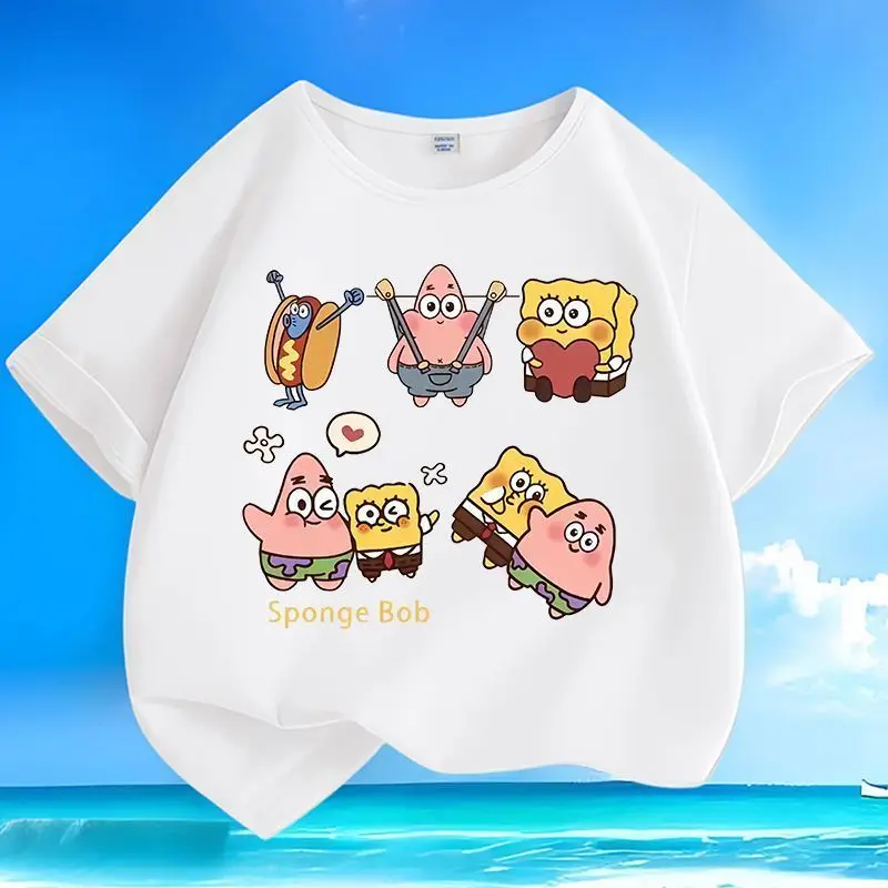 

Футболка высокого качества с принтом «Губка Боб Квадратные штаны» для мальчиков и девочек, универсальный топ из чистого хлопка с круглым вырезом