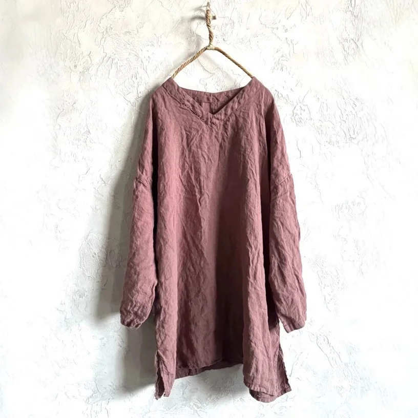 Long Sleeved Mid Length Femme Cotton Linen T-shirt Women Handmade V Neck Loose Simple Side Split Causal Trendy Top Harajuku