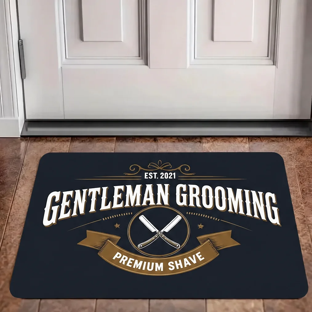 Vintage Barber Shop Welcome Mat Contemporary Hair Salon Theme Doormat Luxury Retro Floor Rug Front Entryway Decor