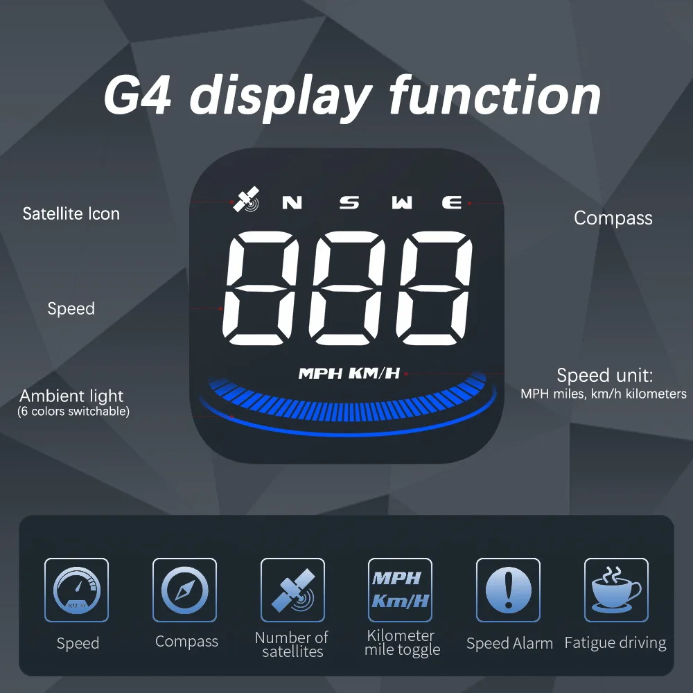 HUD Car head-up display, digital GPS speedometer, compass, drowsy driving alert, variable color ambient lighting