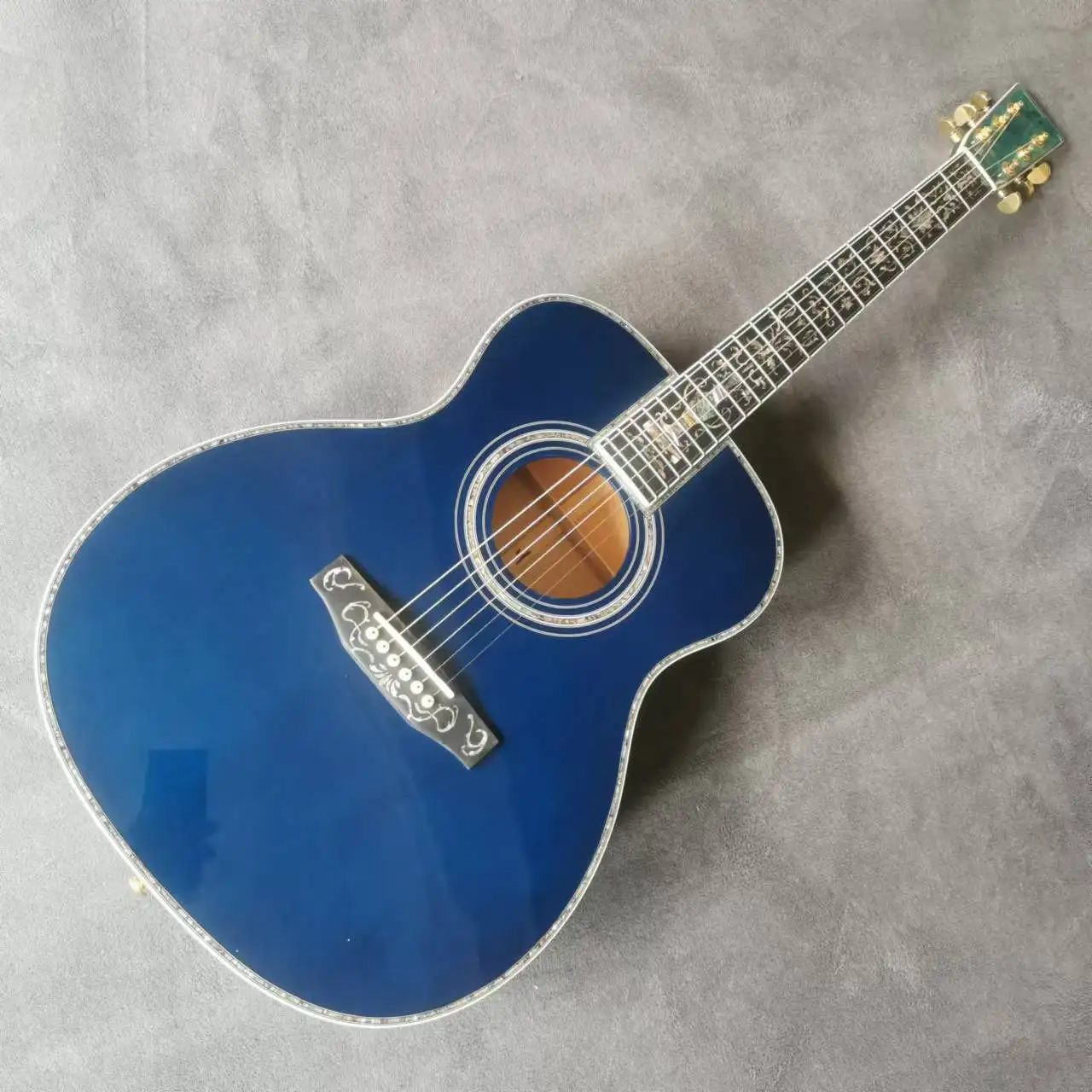 40 inch 6-string OM45 series full abalone inlaid blue glossy paint acoustic acoustic guitar