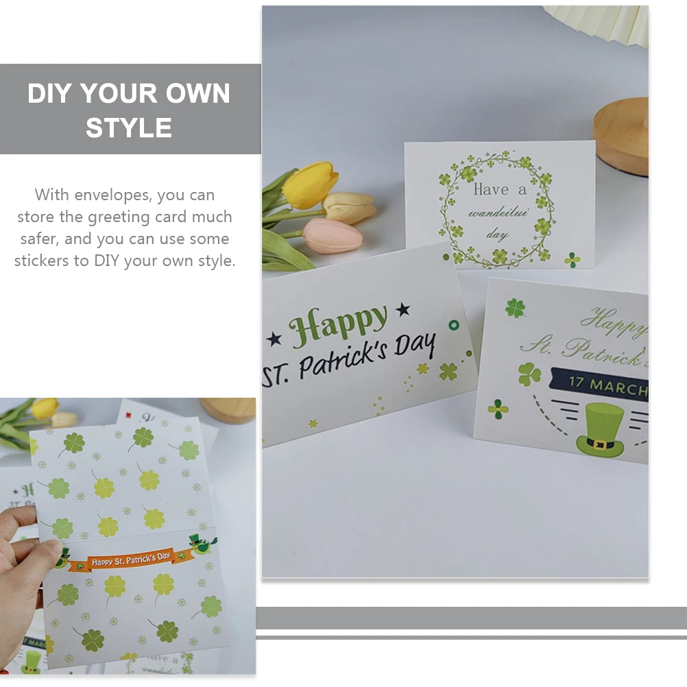 

6 Greeting Cards Envelopes St Patrick Day Theme Unique Design Blessing Messages Paper Set for Party Celebration