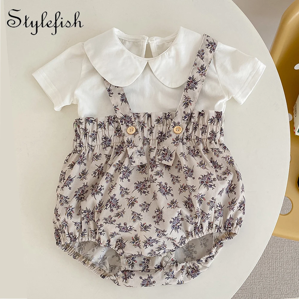 INS Summer Infant and Toddler Girl Baby Strap Fragmented Blossom Sweatshirt+Doll Collar Bottom 2 Piece Set