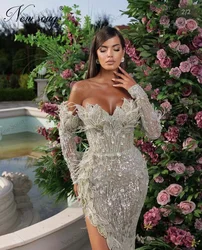 Haute Coutures Pearls Sequins Evening Dress Mint Green Arabic Long Sleeves Evening Gowns 2023 Off Shoulder Prom Party Dress Robe