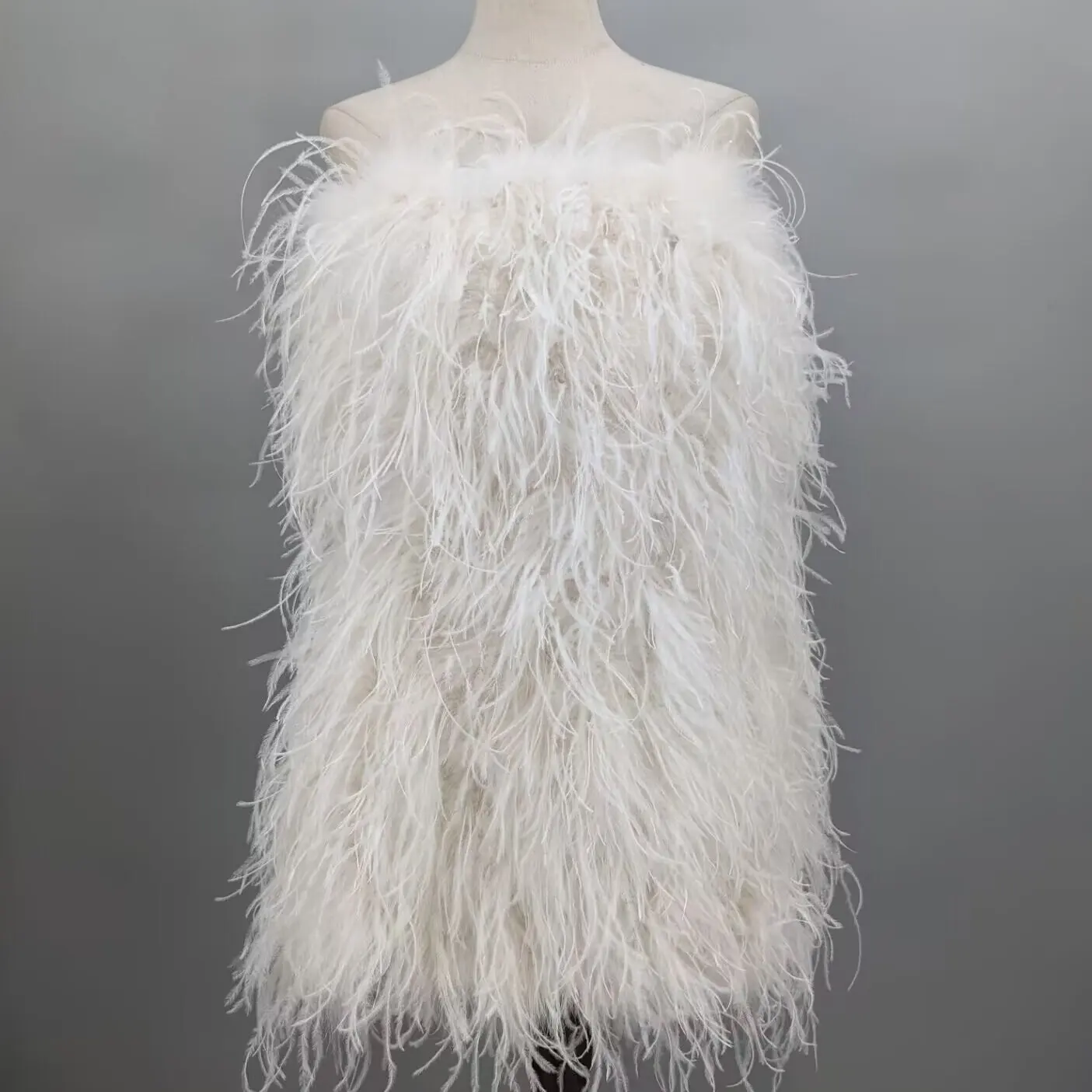 Women Cream White Real Ostrich Feather 2 In 1 Strapless Tube Dress Convertible Midi Skirt Wedding Party Banquet Outfit 22A0627