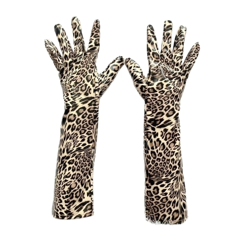 Y5GC Stylish Leopard Print PU Leather Long Gloves For Women Winter Fashion Accessory