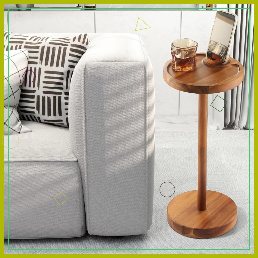 Acacia Wood Rotating Phone Holder Side Table with Weighted Base, Compact Drink Table for Small Spaces