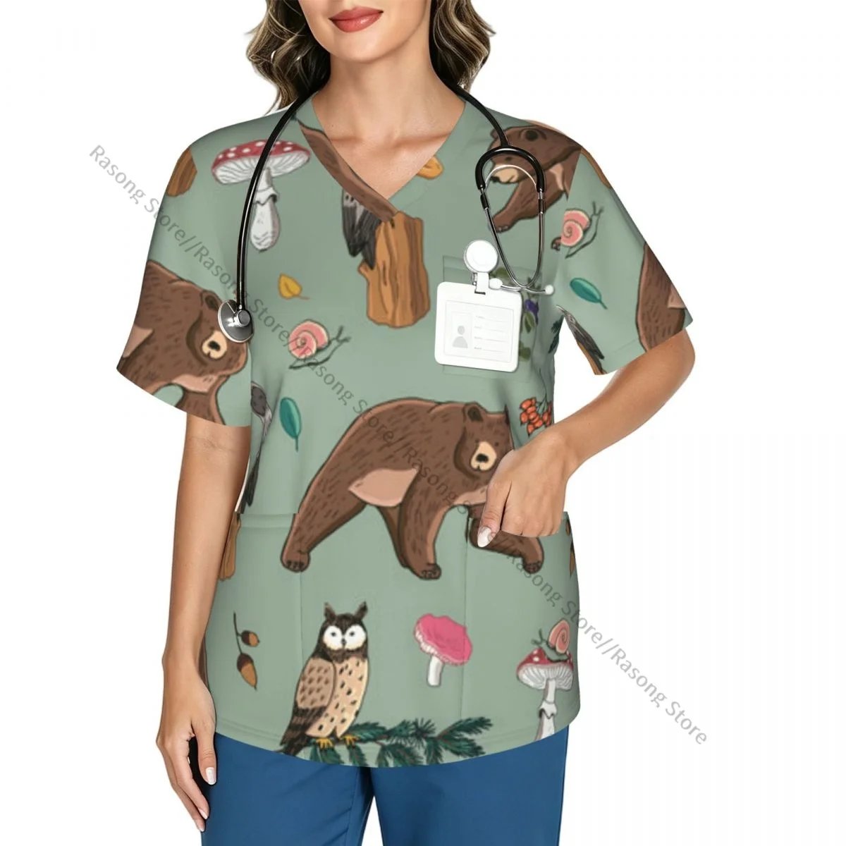 Women's Scrub Tops Short Sleeve Workwear Shirts Fitness Nursing Uniform Cute Bear Owl Mushrooms Pullover Doctor Nursing Shirt