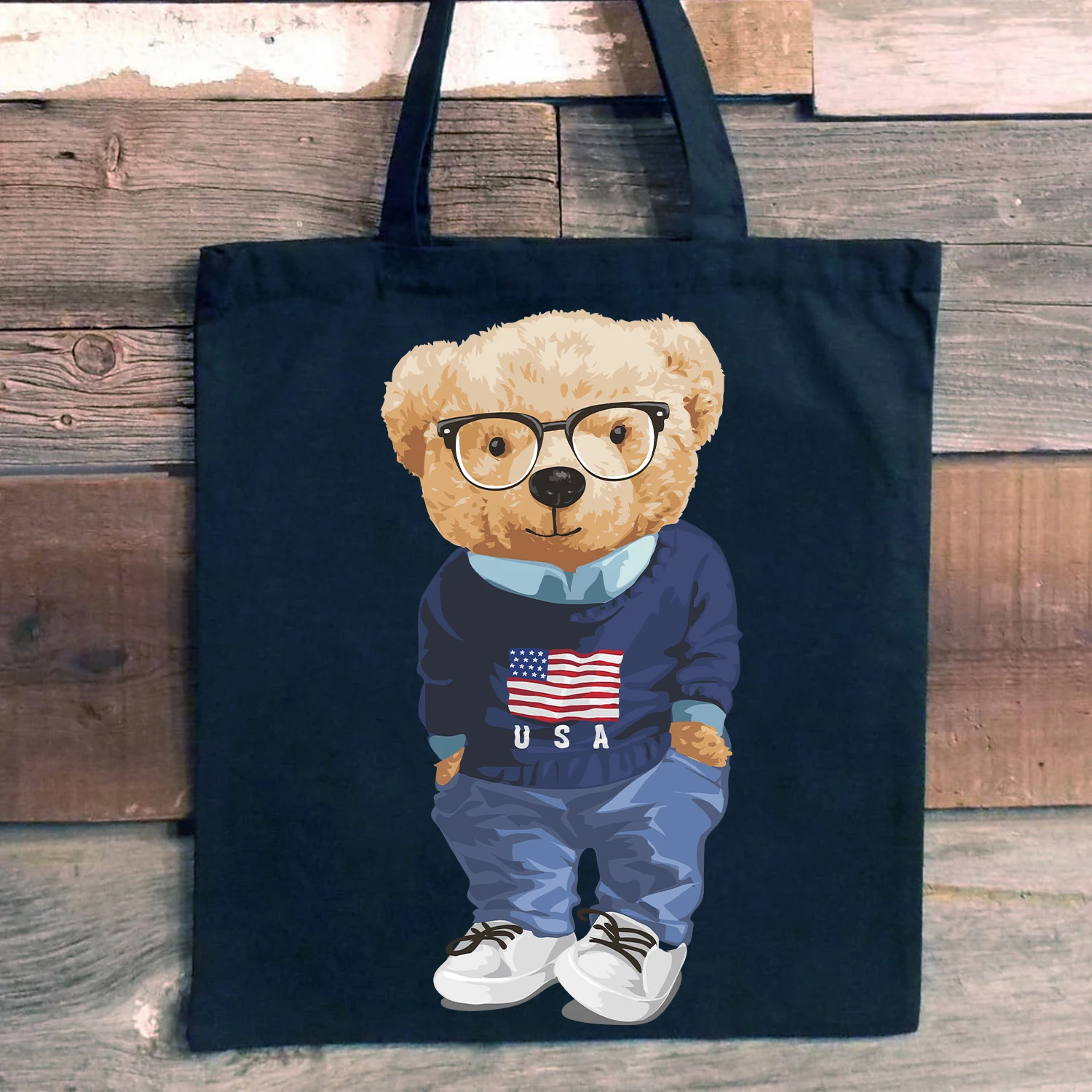 Women Bear Canvas Tote Bag 100% Cotton Reusable Shopper Bags Preppy Eco Bolsa Cute Teddy Bear Print School Style