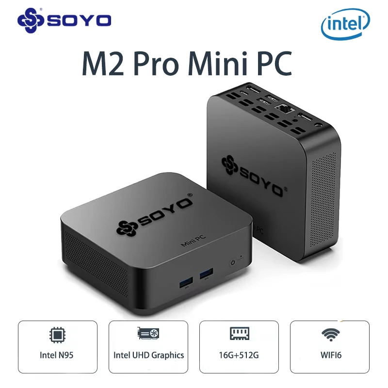 SOYO جديد M2Pro كمبيوتر صغير محمول Intel N95 CPU WIFI 6 Windows 11 DDR4 8G/16G RAM 256G/512G M.2 SSD DP للكمبيوتر المكتبي المكتبي