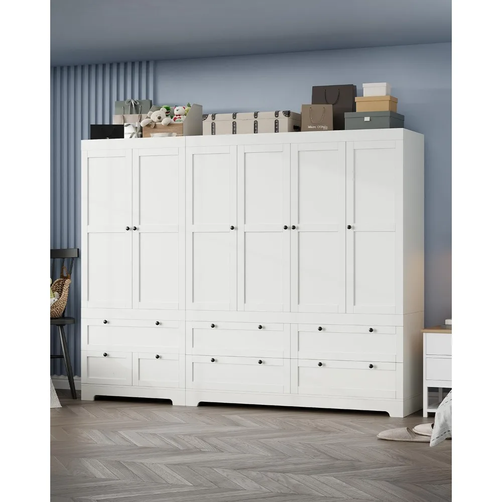 

6 Doors Storage Cabinet Large Modular Closet Systems Wardrobe with Drawers and Shelves Hanging Space,91" L Wooden Armoire Closet