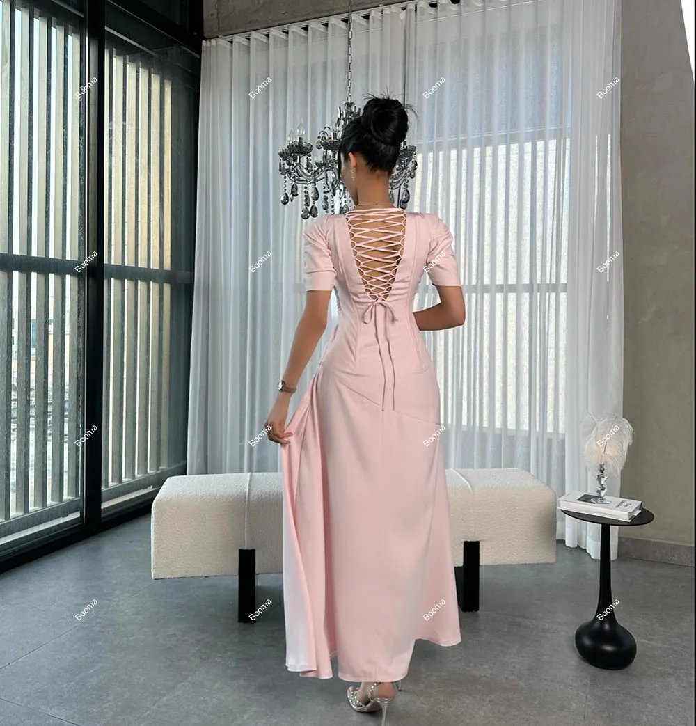 Booma Pink Mermaid Evening Dresses Short Sleeves Formal Party Gowns for Women Ankle Length Saudi Arabic Prom Dresses