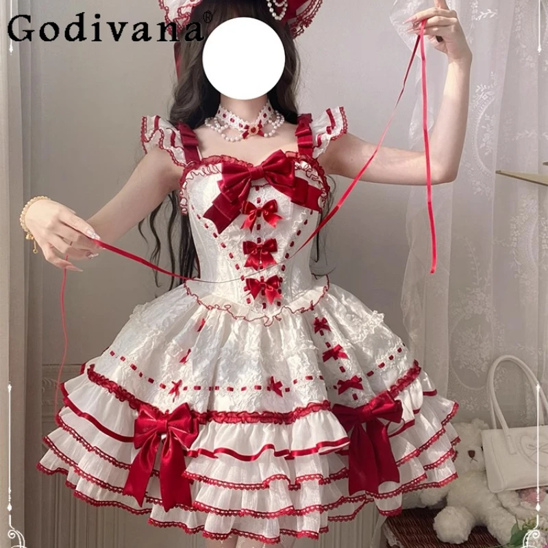

Red and White Ballet Style Elegant Doll Lolita Dress Japanese Sweet Girl Cute Bow Lace Princess Dress Daily Suspender Dress Jsk