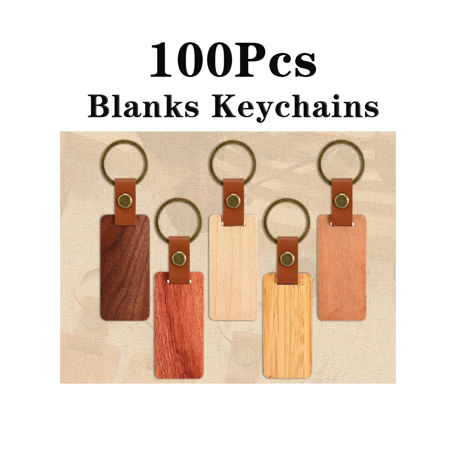 10-100Pcs Blanks Wooden Keychain 5 Colors Rectangle Wood Key Chain with Leather Strap Unfinished Keyrings Gifts for Dad image 3