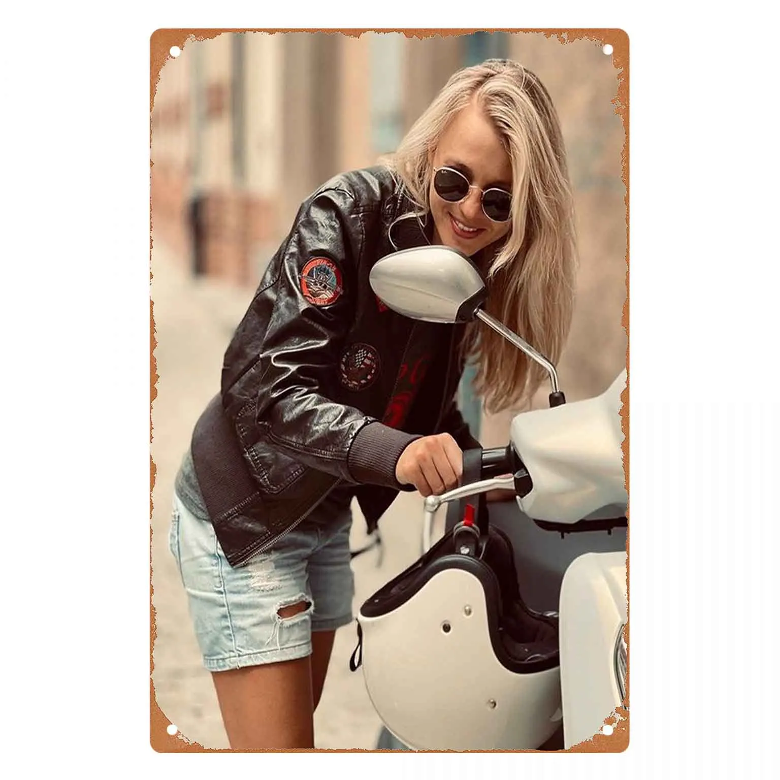 

Biker Babe Leaning Over Her Roaring Beast Vintage Metal Wall Sign Decor