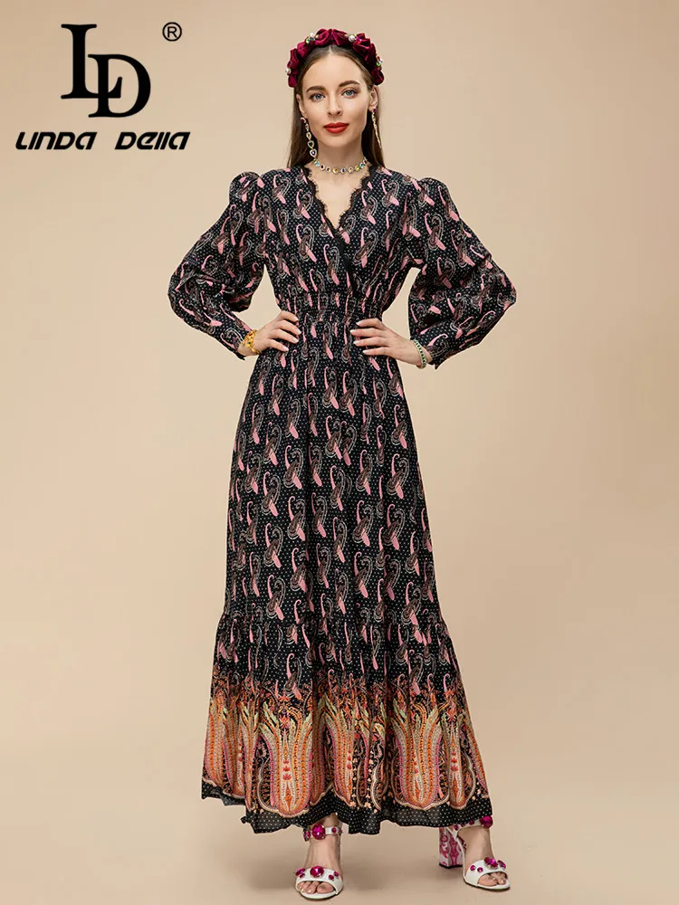 LD LINDA DELLA 2023 Summer Fashion Designer Dress Women's Long Sleeve High Waist Print Dot Elegant Party Long Dress