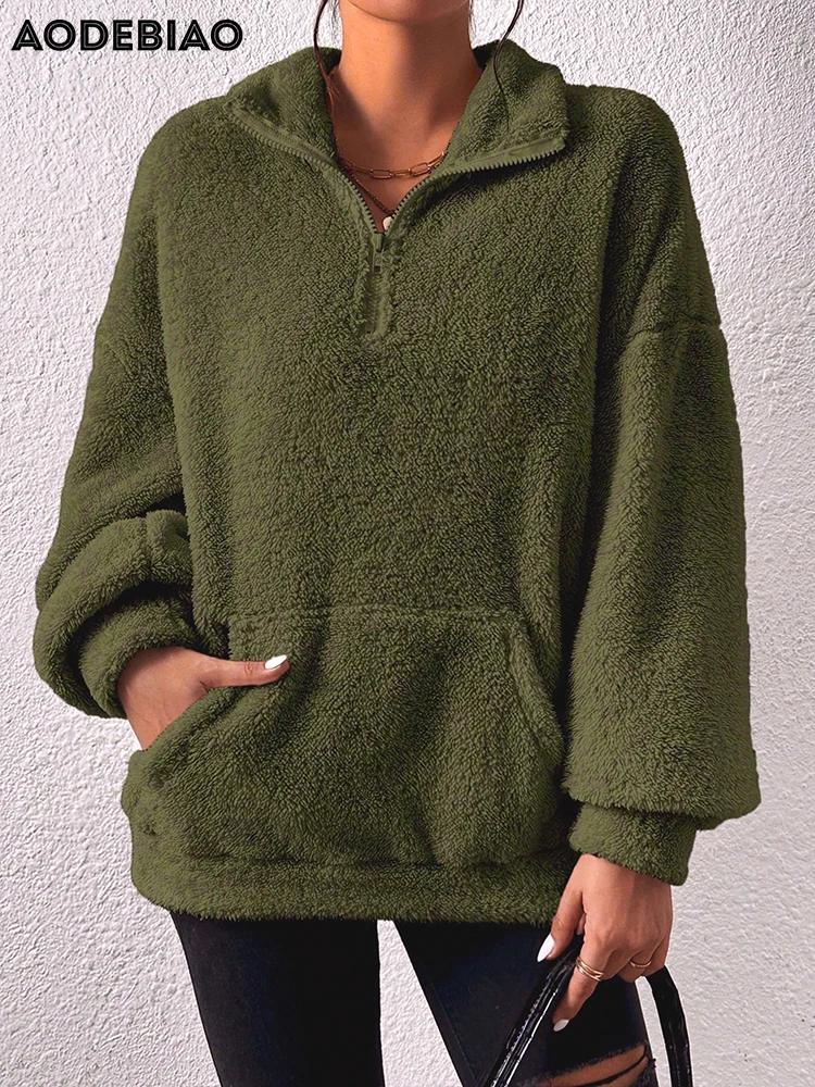 AODEBIAO Women Hairy Hoodie Coat Autumn Winter Long Sleeves Fashion Loose Coat Top Casual Streetwear Keep Warm Solid Long Hoodie