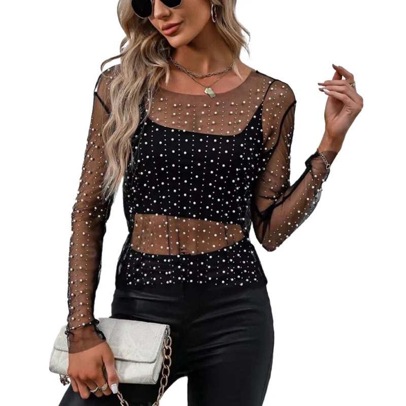 Damen Strass-Transparent-Netz-Top Funkelndes Perlen-Transparent-T-Shirt Bluse Sexy Clubwear Party Festival Rave Konzert Y2K Outfits – Detail 4