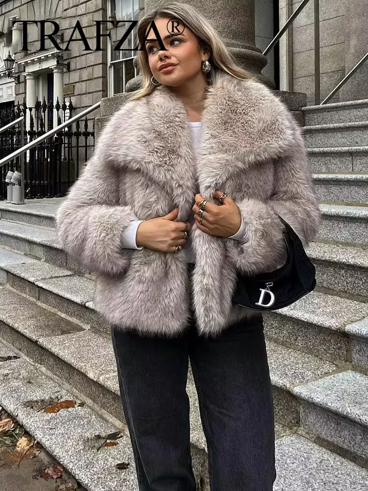 TRAFZA 2024 Autumn Winter Women Casual Faux Fur Jackets Fashion Streetwear Solid Turn Down Collar Warm Oversized Thick Coats