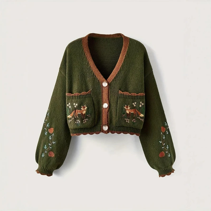 Damen Strickpullover mit Print, Kurzarm, Knöpfen, V-Ausschnitt, lässige Strickjacke mit Laternenärmeln und Taschen, dick, warm, Herbst 2026