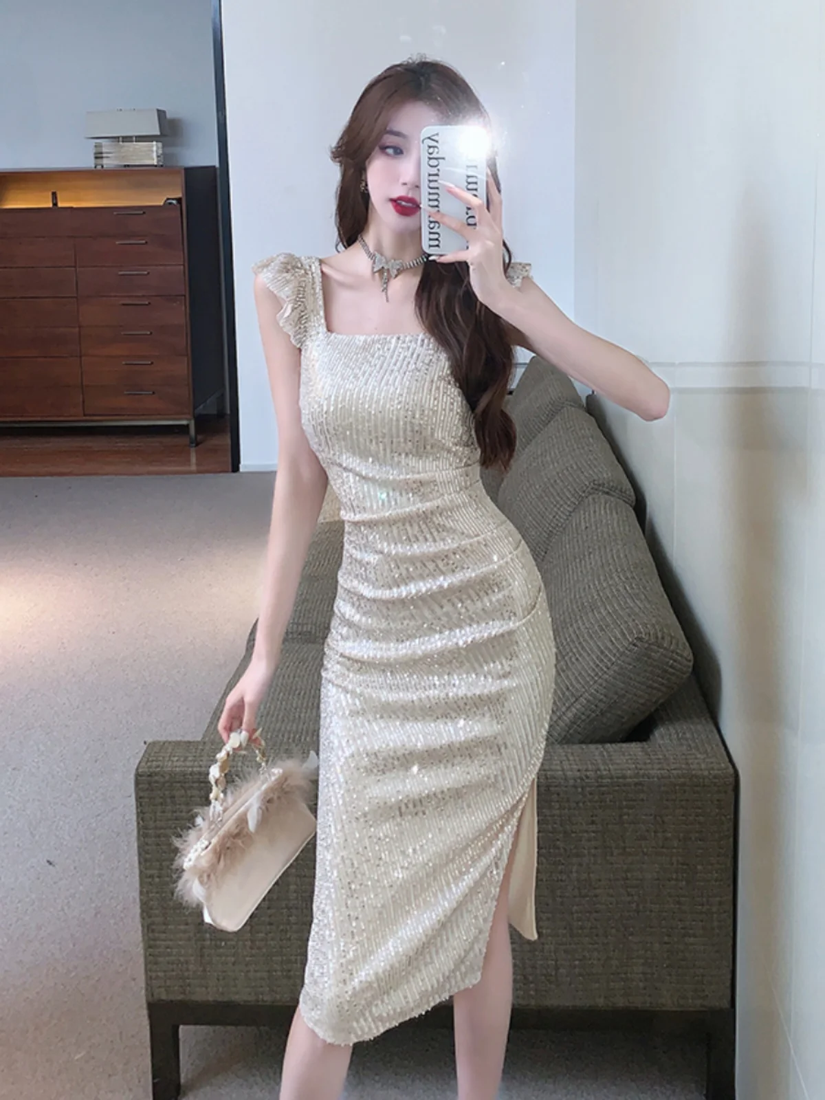 Ele High-End Sequin Slim Fit Eén schouder Dr Avondjurk Koreaanse Sle Pendelen Pure Kleur Hoge Taille Midi Rok