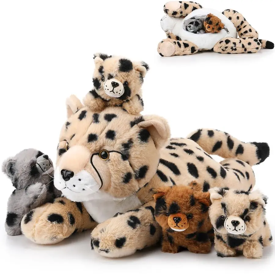 

5 Pcs Cheetah Stuffed Animals Set Large Mommy Cheetah Plush with 4 Soft Cuddly Baby Cubs in Her Tummy for Boys Girls Birthday Gr