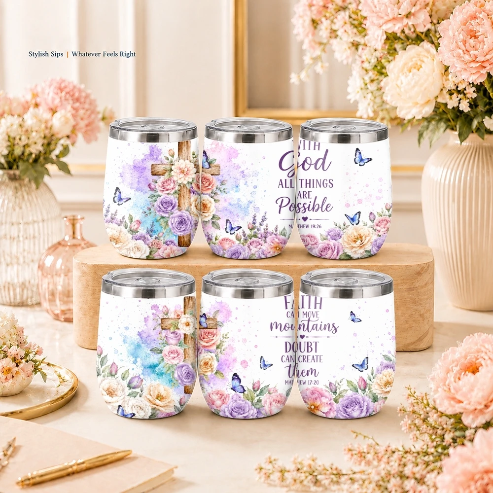 Floral Cross Faith Quote Vacuum Flasks 12oz Eggshell Cup With Lid, Portable Coffee Cup For Travel Office Mug